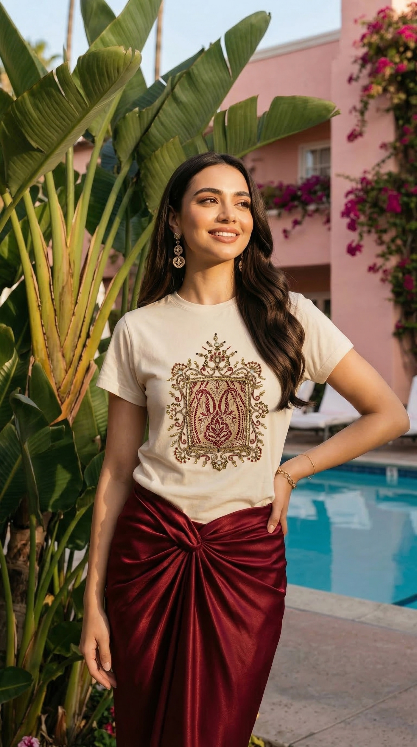 Mehrnaz T-shirt and Red Drape Skirt